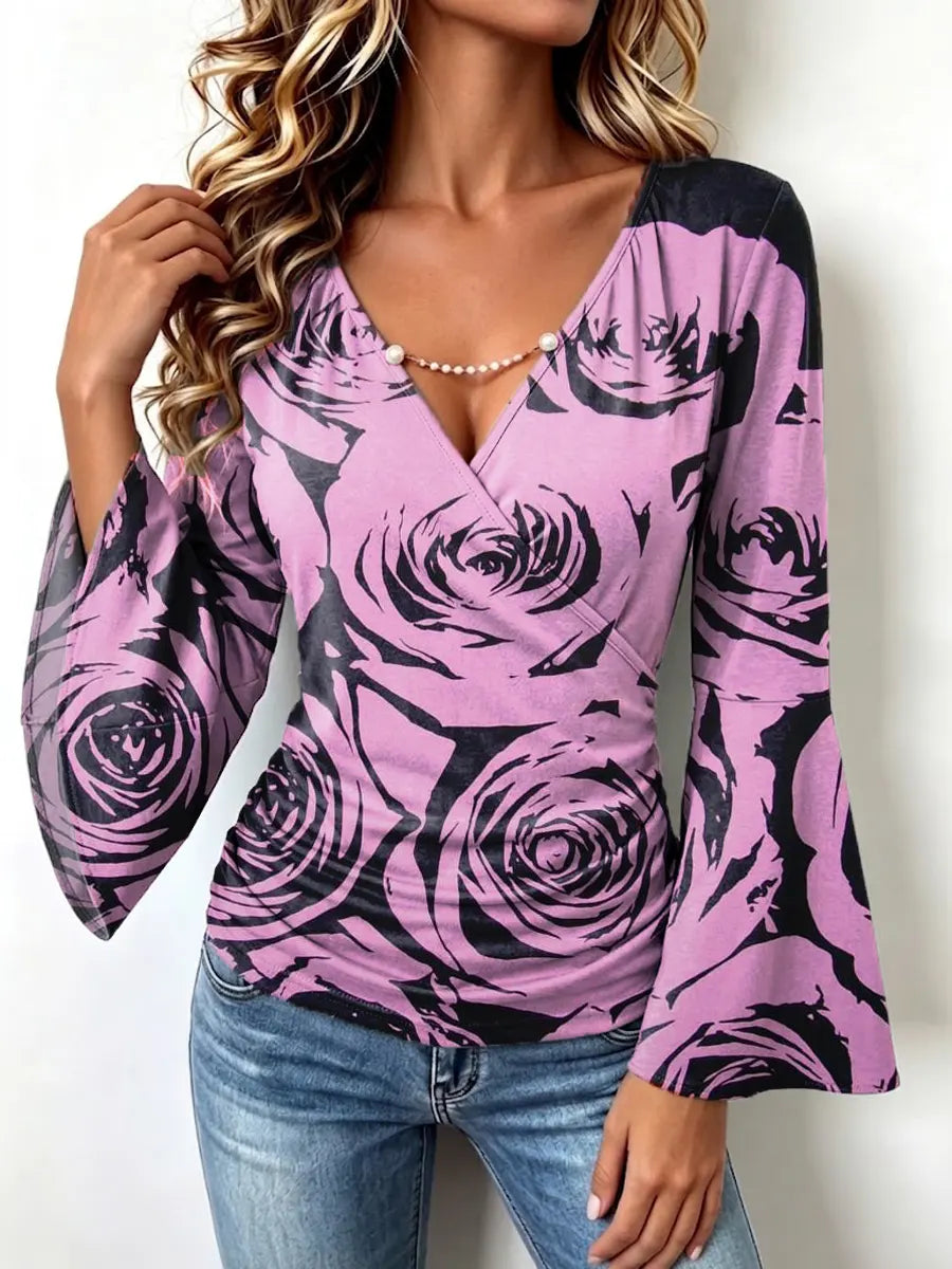 Retro Floral Pattern Art Print Casual Stylish Cotton V Collar Shirt