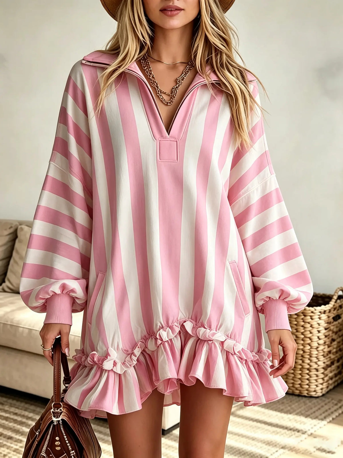 Women's Striped Half-Zip Ruffle Hem Sweatshirt Dress