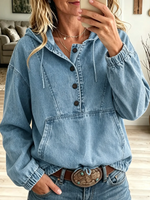 Women's Button Henley Denim Pullover Hoodie