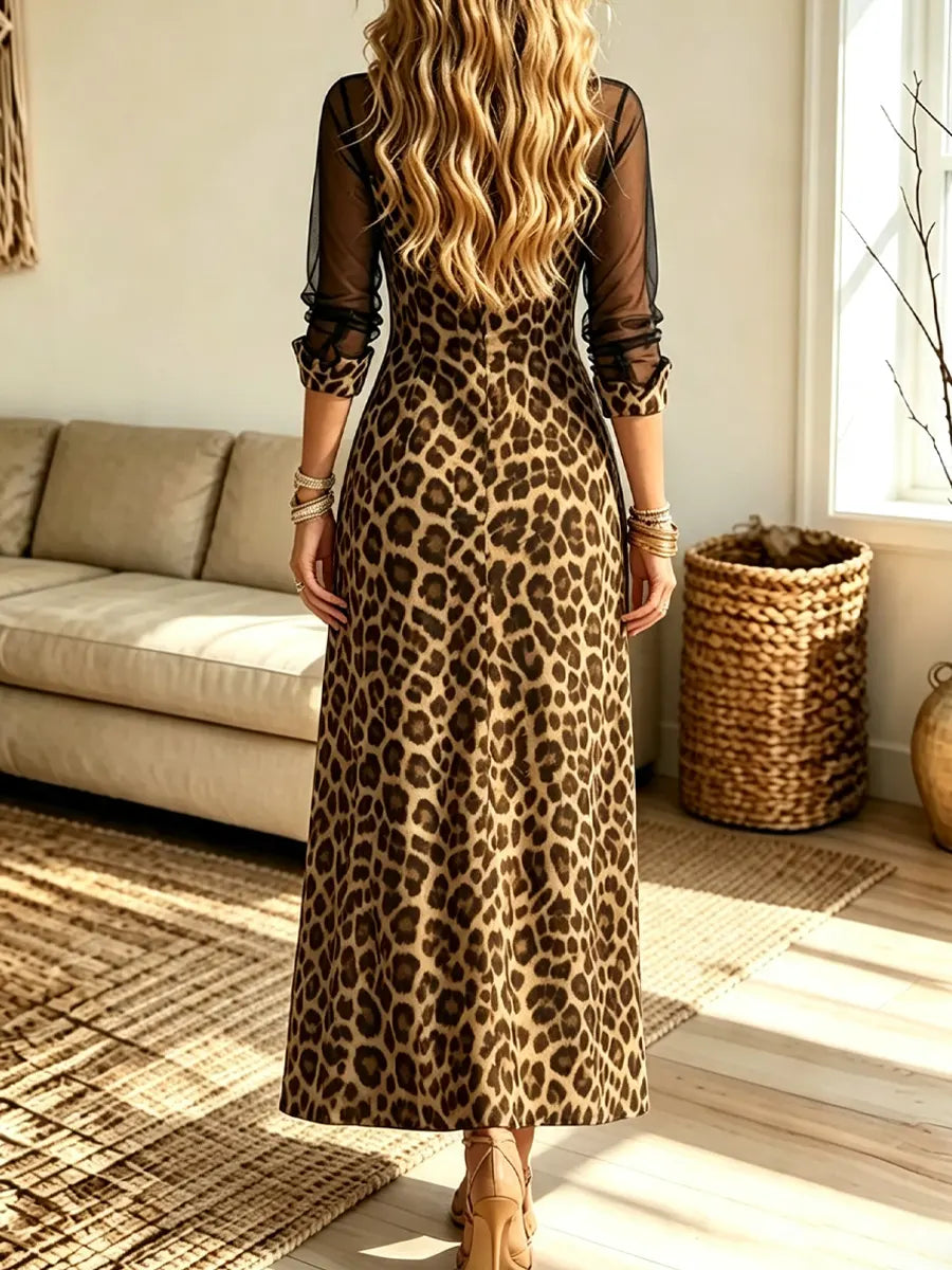 Retro Leopard Pattern Patchwork Art Casual Button Stylish Long Sleeve Maxi Dress