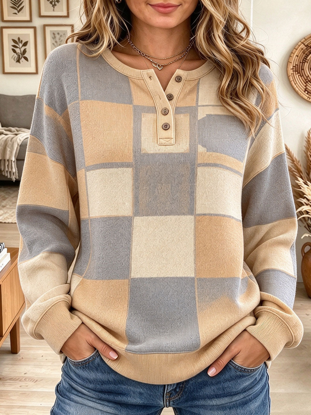 Women's Neutral Colorblock Checkerboard Plaid Knit Henley Sweatshirt