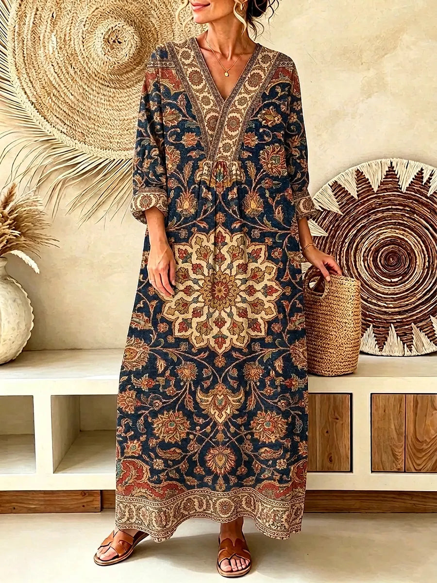 Retro Ethnic Floral Pattern Art Print Casual V-neck Cotton Linen Maxi Dress
