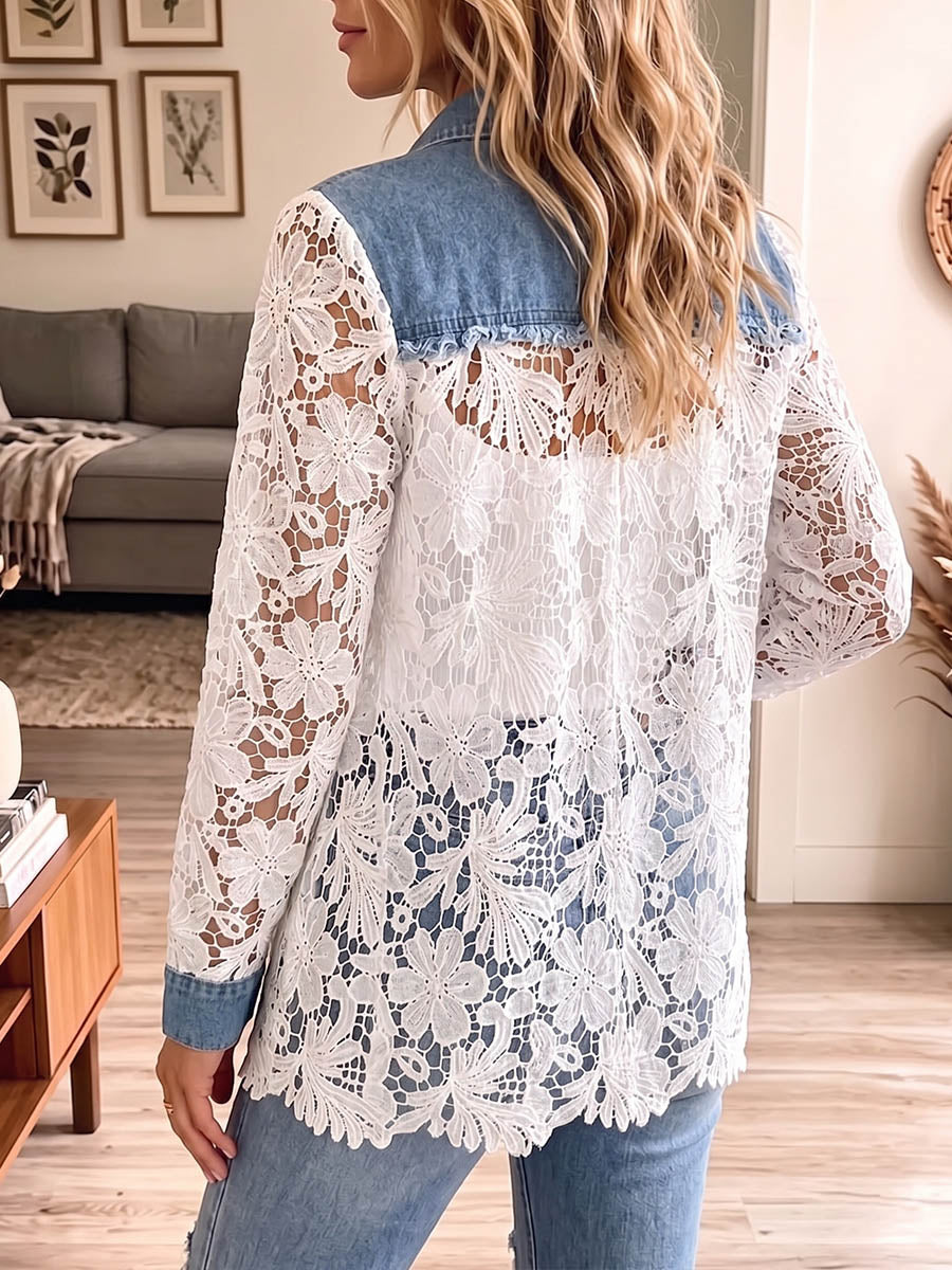 Vintage Elegant Denim Patchwork Hollowed Out Lace Jacket