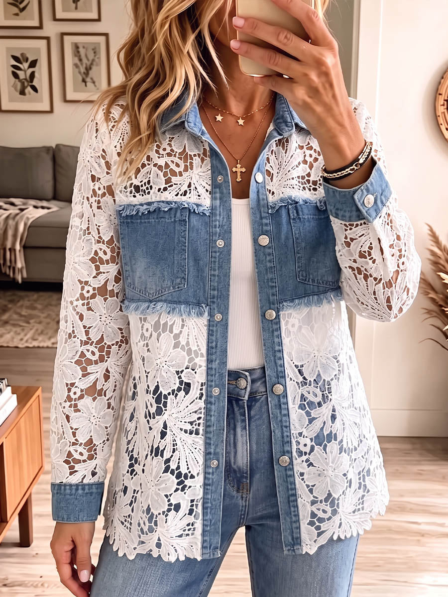 Vintage Elegant Denim Patchwork Hollowed Out Lace Jacket