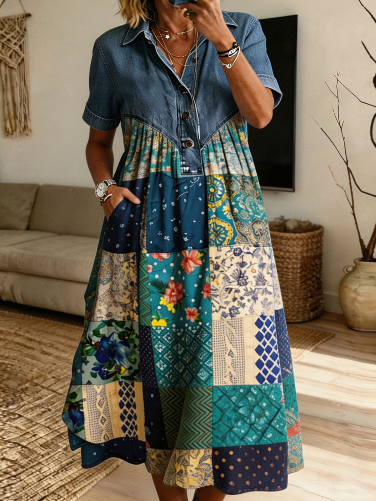 Women’s Denim Collar Boho Patchwork Spliced Midi Shirt Dress