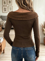 Women's Brown Off-Shoulder V-Neck Ribbed Knit Top with Front Tie Detail