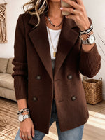 Women Mixed Media Blazer, Knit Sleeve Double‑Breasted Lapel Wool‑Blend Jacket