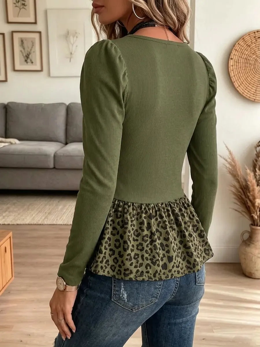 Vintage Elegant Leopard-print Patchwork Square Neck Puff Sleeves Tunic Top