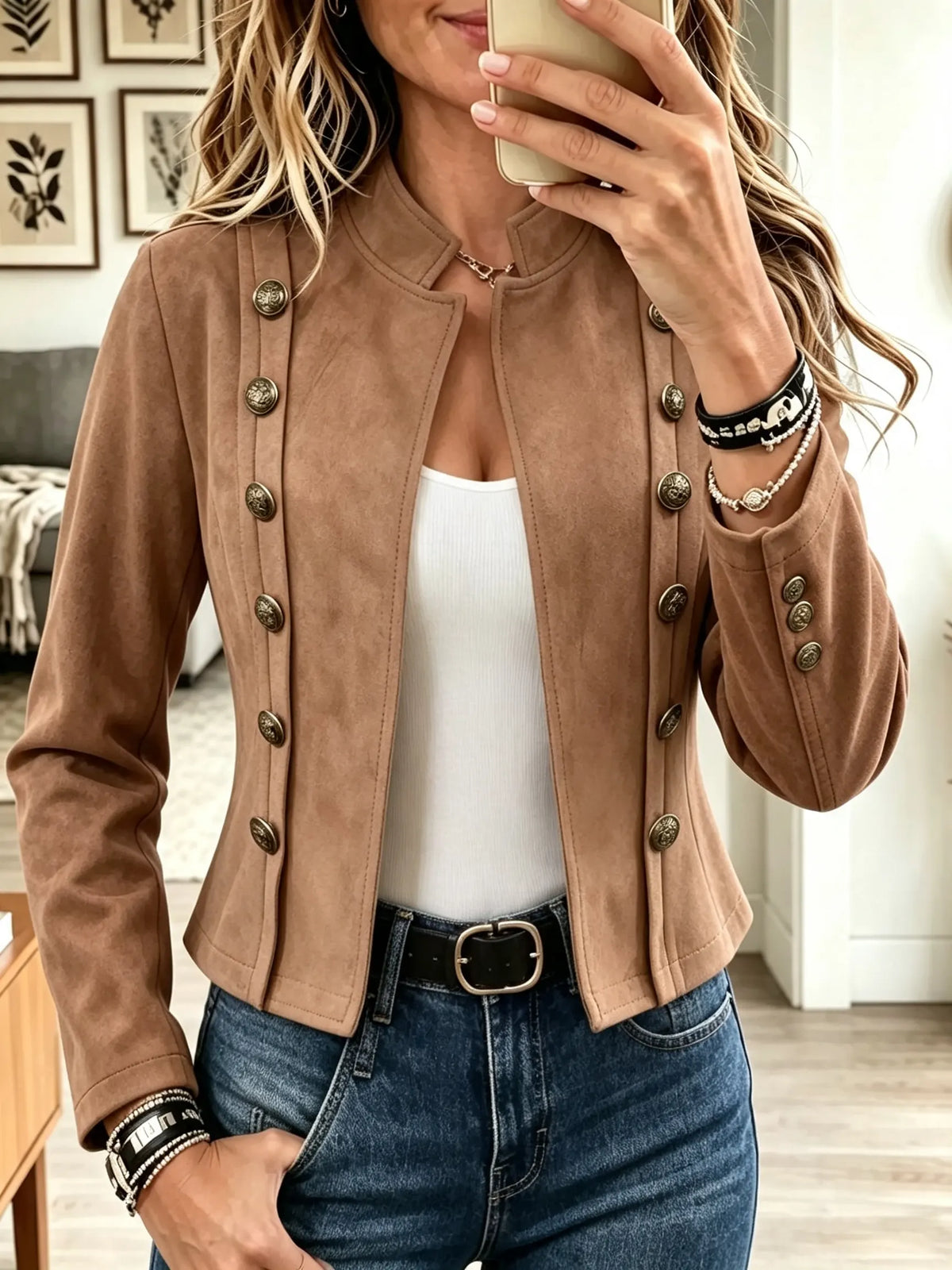 Women's Double-Breasted Suede Military Jacket