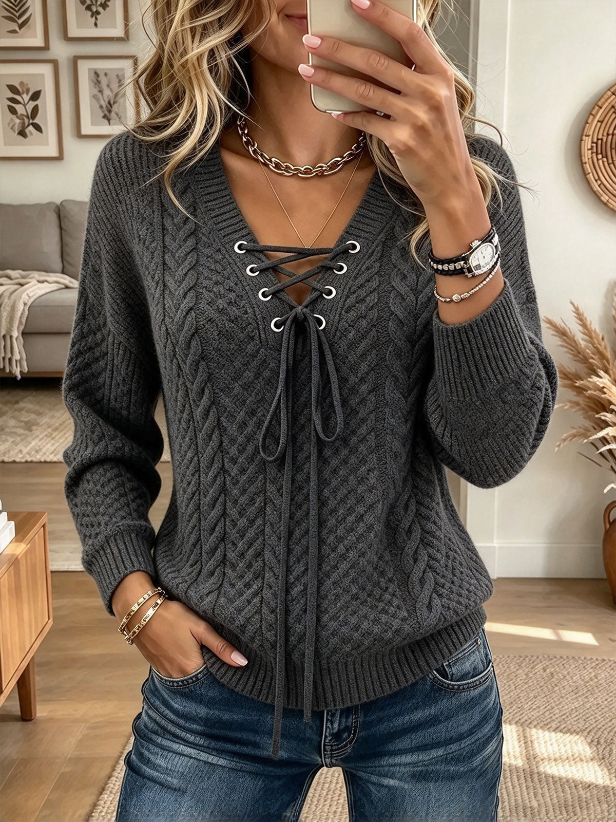 Women's Dark Grey Cable Knit V-Neck Sweater with Lace-Up Front