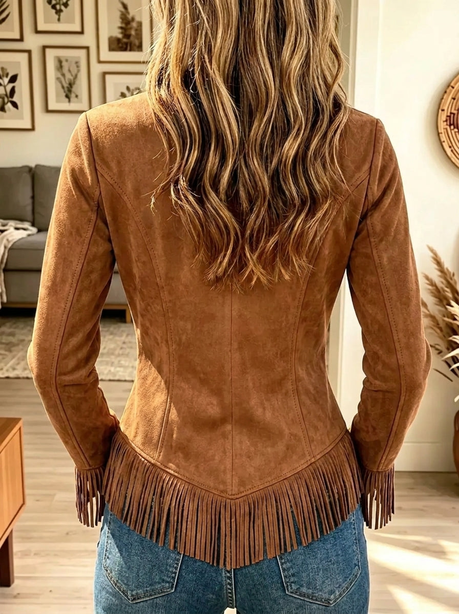 Women's Pointed Hem Western Fringe Faux Suede Top