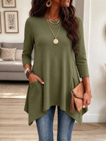Women's Olive Green Ribbed Knit Asymmetric Tunic Top with Pockets
