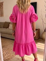 Women 3D Rose Sleeve Shirt Midi Dress Button Down Ruffle Hem Dress With Pockets