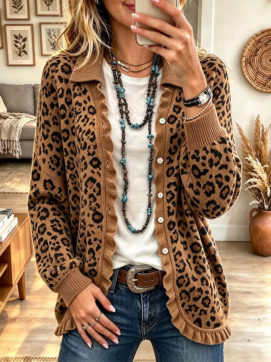 Women's Elegant Leopard Print Ruffled Collar Knit Cardigan
