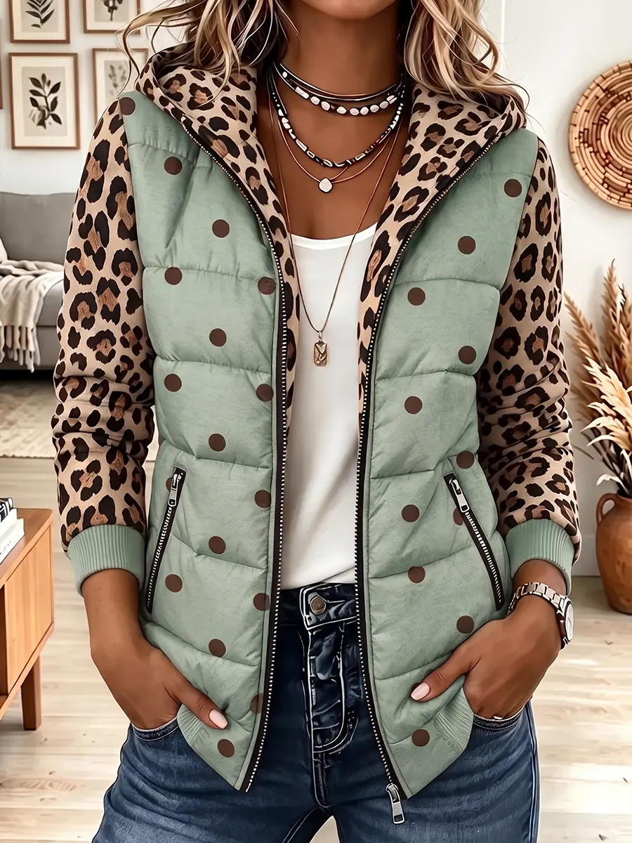 Vintage Elegant Leopard Print Patchwork Quilted Winter Jacket ...