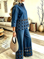 Women's Diamond-pattern Cutout Denim Three-quarter Sleeve Top Wide-leg Pants Two-piece Set
