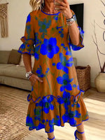 Retro Floral Pattern Art Print Casual Ruffle Stylish Cotton Linen Dress