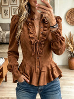 Women's Ruffled Tie-Front Peplum Faux Suede Blouse