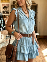 Women's Tiered Ruffle Sleeveless Denim Romper