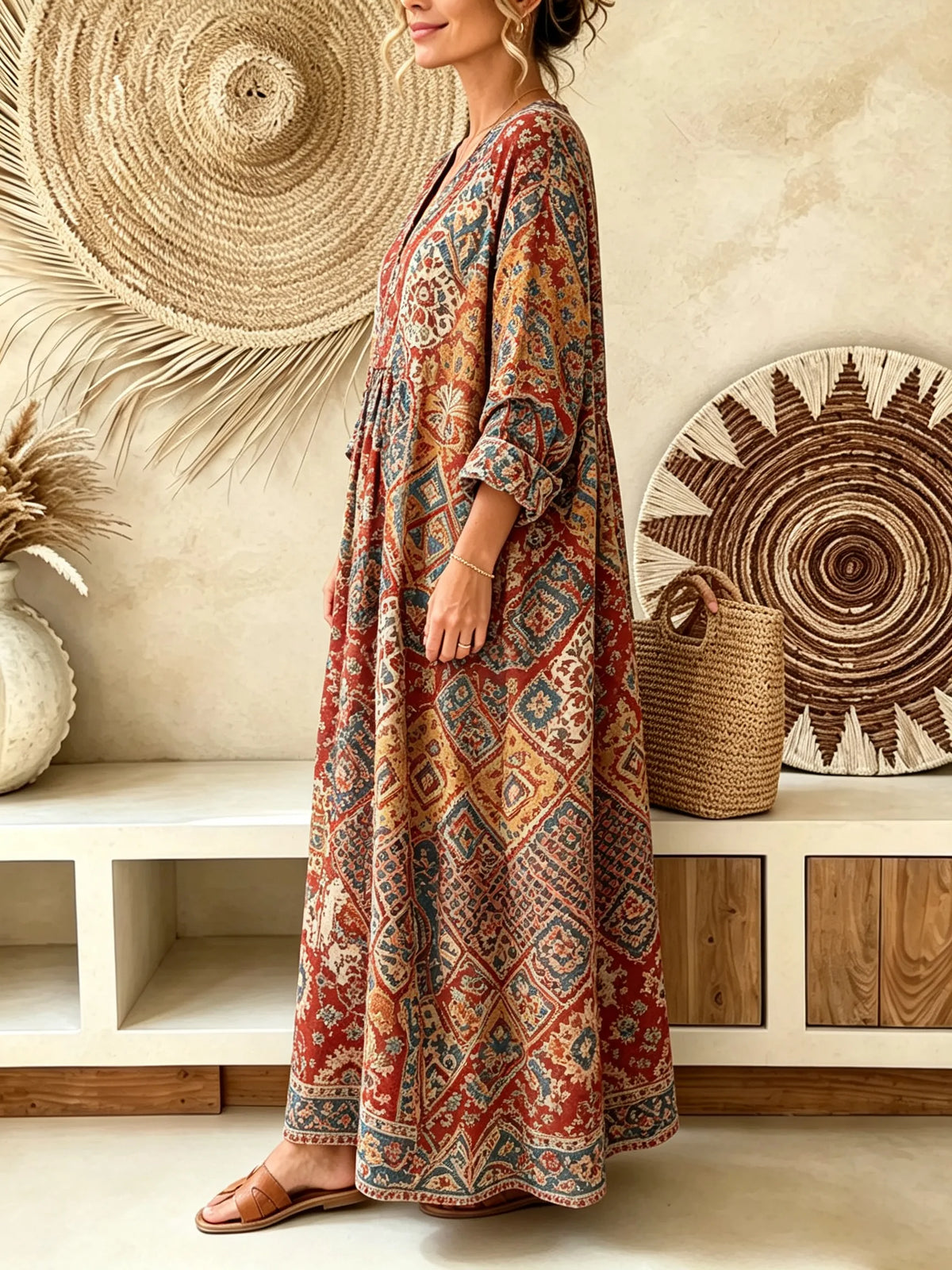 Women Vintage Ethnic Floral Geometric Print V-neck Maxi Dress