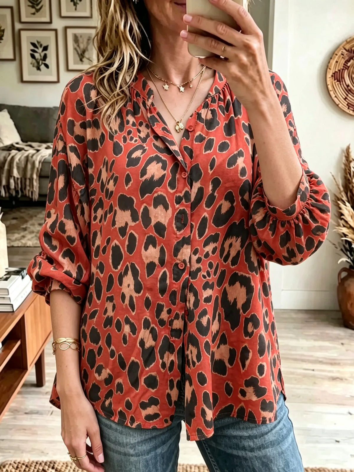 Women's Terracotta Leopard Print Button Blouse