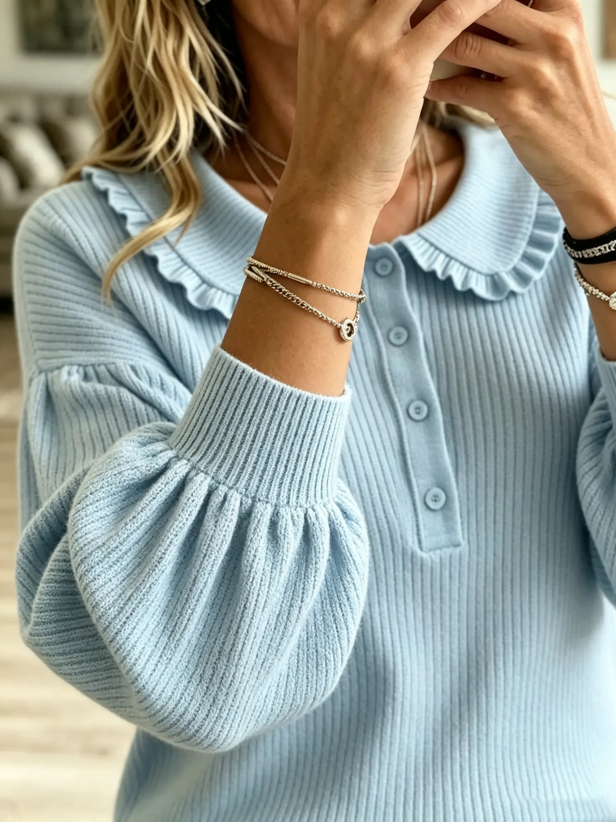 Women's Ruffled Collar Ribbed Knit Sweater