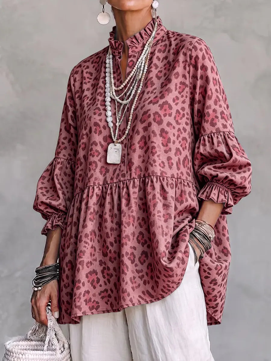 Retro Leopard Art Pattern Print Ruffle Casual Stylish Cotton Linen Shirt