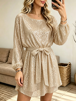 Women's Belted Sequin A-Line Mini Dress