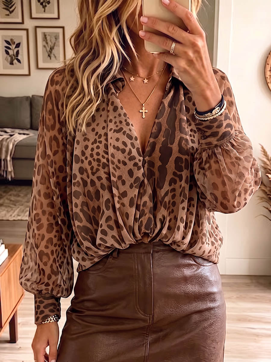 Vintage Elegant Leopard Print Chiffon Shirt