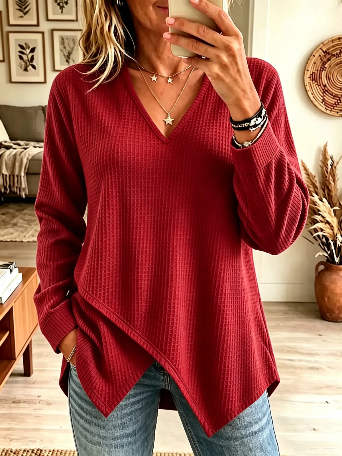 Women's Asymmetrical Hem Waffle Knit V-Neck Top