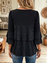 Women's Glitter Tiered Ruffle Flared Sleeve Blouse