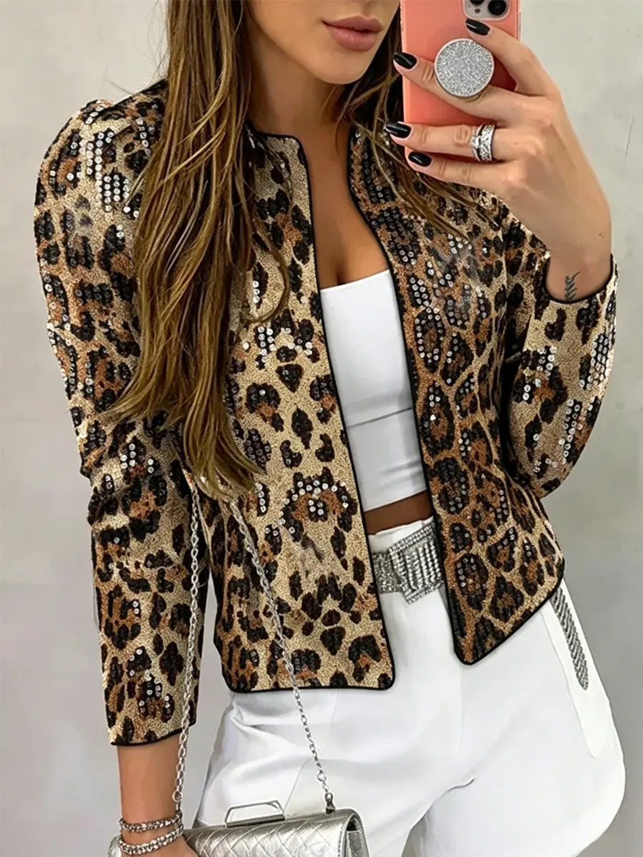 Retro Chic Leopard Sequin Casual Stylish Long Sleeve Coat