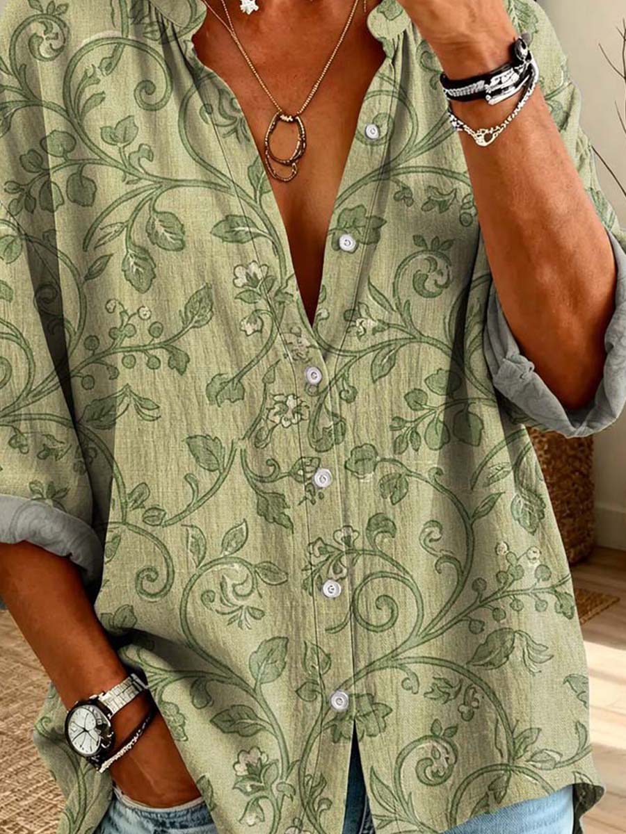 Women's Floral Pattern Art Print Casual Long Sleeve Cotton Linen Shirt