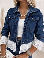 Retro Fashion Floral Lace Art Patchwork Lapel Casual Stylish Denim Coat