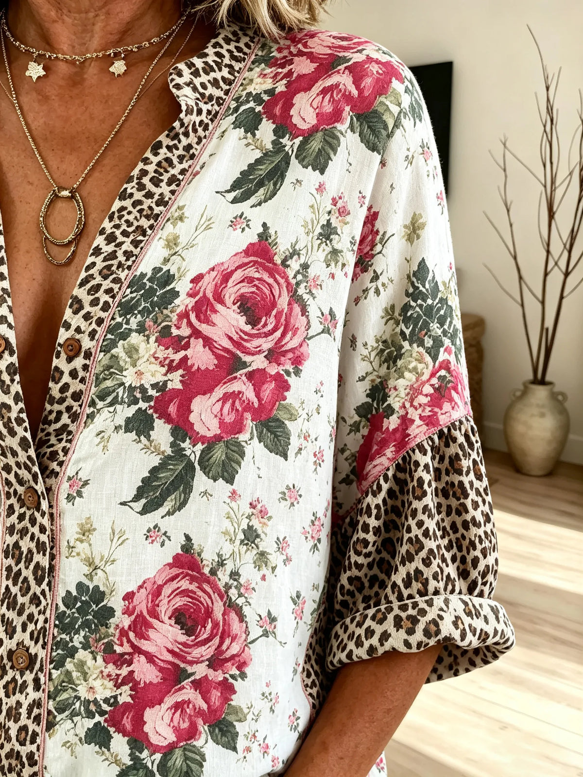 Women's Floral Leopard Patchwork V-Neck Long Sleeve Shirt