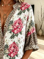Women's Floral Leopard Patchwork V-Neck Long Sleeve Shirt