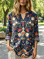 Women's Retro Floral Pattern Art Print Casual Long Sleeve Linen Shirt