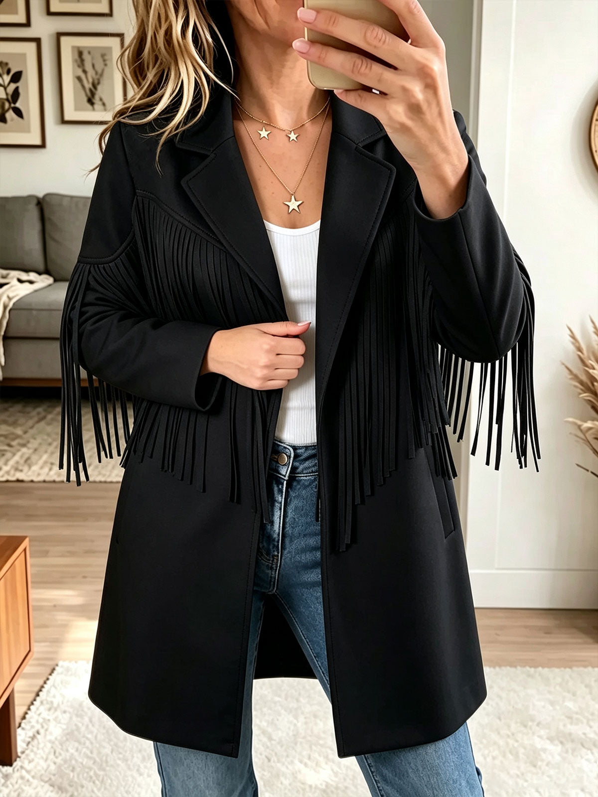 Women Western Faux Suede Fringe Lapel Open Front Mid‑Length Coat