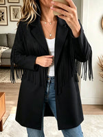 Women Western Faux Suede Fringe Lapel Open Front Mid‑Length Coat