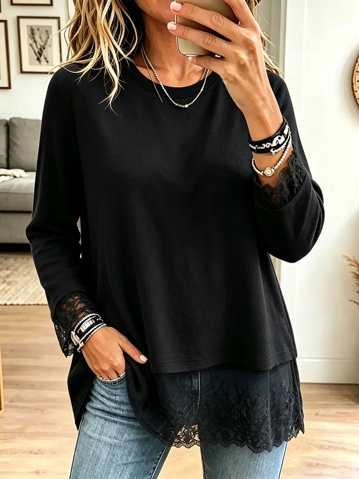 Women Fake Two‑Piece Lace Trim Long Sleeve Crew Neck Top
