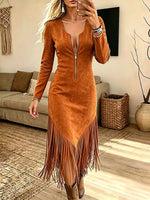 Vintage Elegant Suede Patchwork Long-sleeved Tassels Dress