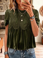 Vintage Elegant Velvet Patchwork Lace Shirt