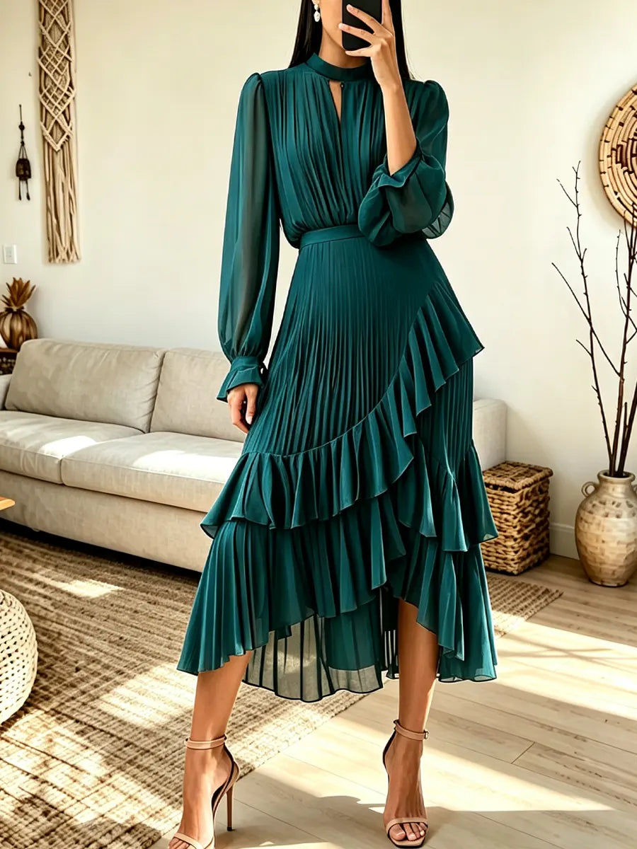 Retro Elegant Ruffle Art Casual Stylish Long Sleeve Midi Dress