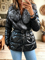 Women's Faux Fur Collar Belted Glossy Puffer Jacket