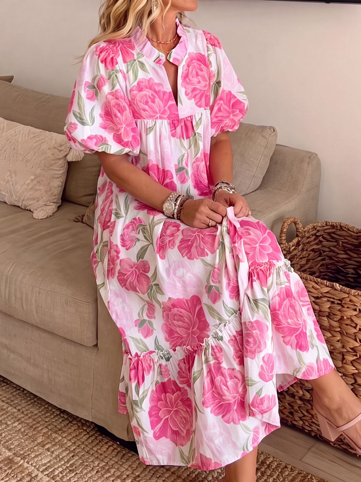 Women's Ruffle Neck Puff Sleeve Pink Floral Tiered Midi Dress With Pockets