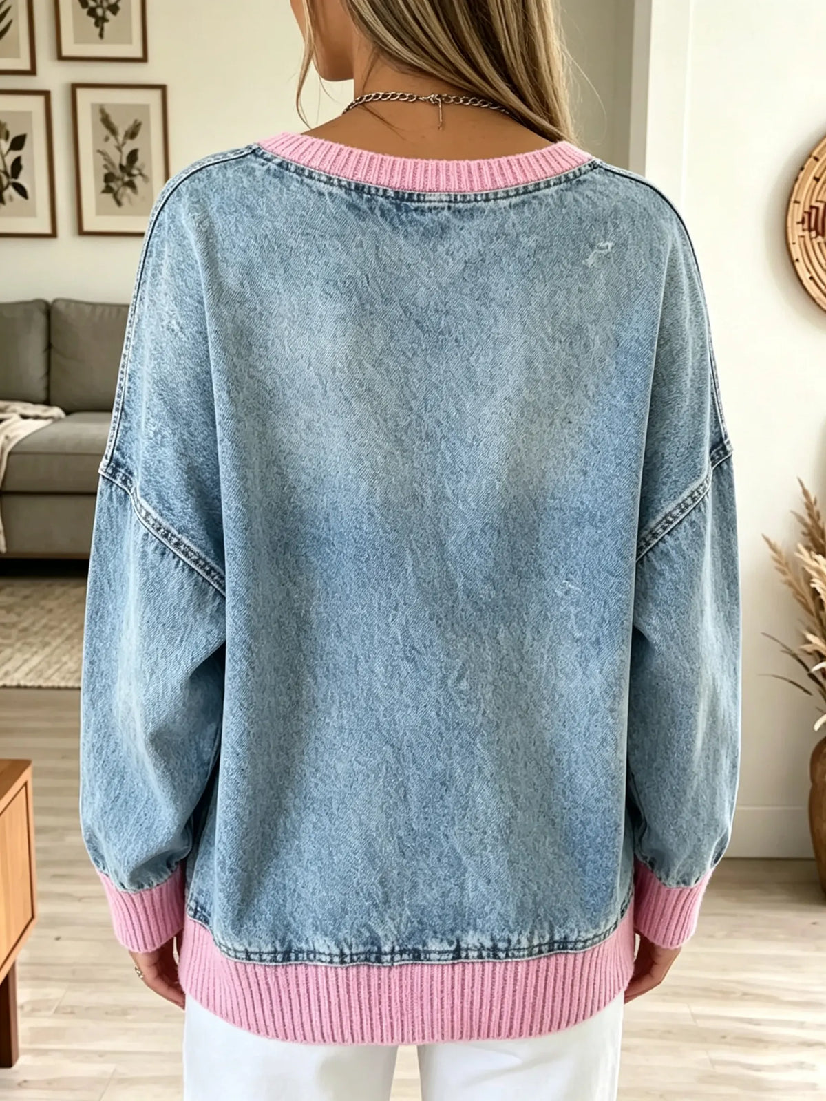Women's Ribbed Trim Oversized Denim Cardigan