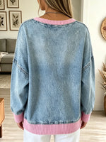 Women's Ribbed Trim Oversized Denim Cardigan