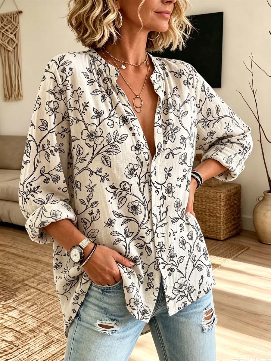 Retro Floral Pattern Art Print Casual Long Sleeve Cotton Linen Shirt