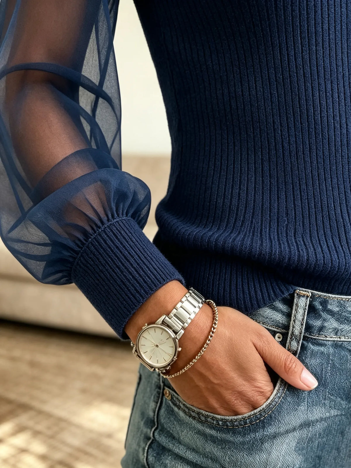 Women's Sheer Sleeve Button-Down Ribbed Top