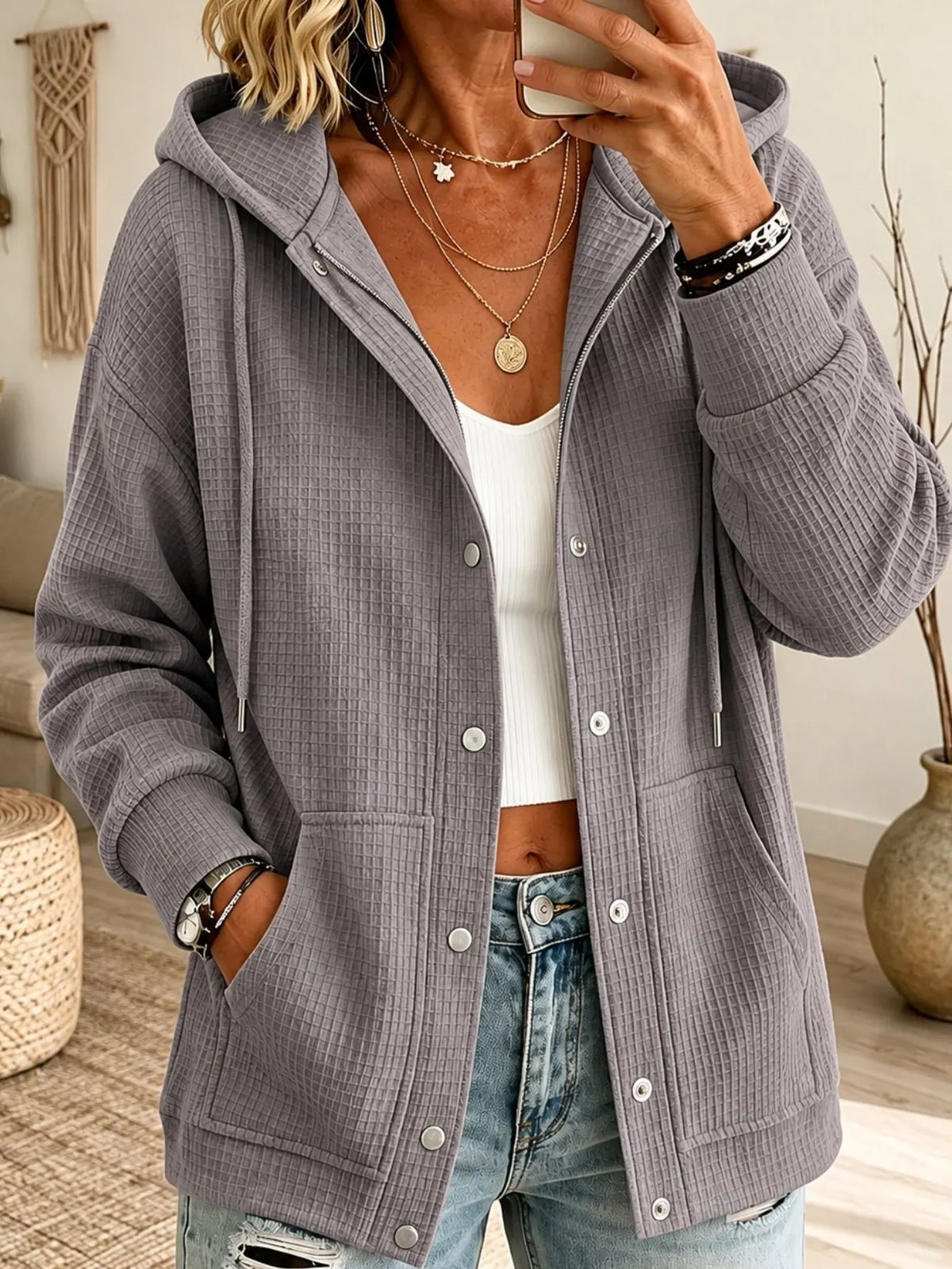 Women's Snap-Button Waffle Knit Hooded Shacket